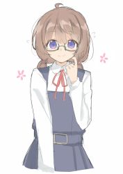 Rule 34 | 1girl, ahoge, alternate hair length, alternate hairstyle, amemiya sekira, blue dress, brown hair, closed mouth, collared shirt, commentary request, cropped torso, dress, floral background, flying sweatdrops, glasses, green-framed eyewear, hair between eyes, hand up, highres, long hair, long sleeves, low twintails, neck ribbon, original, pinafore dress, purple eyes, red ribbon, ribbon, school uniform, sekira ame, semi-rimless eyewear, shirt, simple background, sketch, sleeveless, sleeveless dress, smile, solo, twintails, under-rim eyewear, white background, white shirt