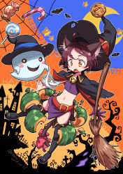 Rule 34 | 1girl, absurdres, ahoge, animal ears, bandaged arm, bandages, bare tree, bat (animal), bell, belt, black cape, black footwear, black hat, blush stickers, boots, broom, brown hair, candy, candy cane, cape, castle, cat ears, cat girl, cat tail, commentary, crop top, dated, fang, food, ghost, gloves, graveyard, halloween, halloween costume, happy halloween, hat, highres, isedaichi ken, jack-o&#039;-lantern ornament, lollipop, midriff, miniskirt, navel, neck bell, original, outline, purple gloves, purple shirt, purple skirt, red belt, shirt, silk, single glove, skirt, slit pupils, solo, spider web, star (symbol), tail, text background, thigh boots, tree, twitter username, white outline, witch hat, yellow eyes