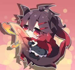 Rule 34 | 1girl, antenna hair, bare arms, bare shoulders, black dress, black hair, black thighhighs, breasts, cape, chibi, commentary request, dragon girl, dragon horns, dragon tail, dress, drop shadow, fire, full body, gradient hair, hair between eyes, hair ornament, hairclip, hellblade glavenus, highres, horns, large breasts, milkpanda, monster hunter (series), multicolored hair, no shoes, personification, red cape, red eyes, red hair, short eyebrows, solo, strapless, strapless dress, tail, thick eyebrows, thighhighs