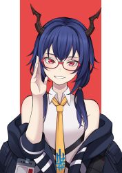 Rule 34 | 1girl, arknights, bare shoulders, bespectacled, blue hair, blue jacket, blush, ch&#039;en (arknights), commentary request, glasses, grin, hand up, highres, horns, jacket, keiita, long hair, looking at viewer, low twintails, necktie, off shoulder, red-framed eyewear, red background, red eyes, shirt, sleeveless, sleeveless shirt, smile, solo, twintails, two-tone background, upper body, white background, white shirt, yellow necktie