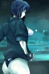 Rule 34 | 1girl, ass, blue hair, breasts, cityscape, fingerless gloves, from behind, fukai ryosuke, ghost in the shell, ghost in the shell stand alone complex, gloves, highres, jacket, kusanagi motoko, large breasts, leotard, looking back, night, panties, purple hair, red eyes, short hair, sideboob, sketch, solo, underwear