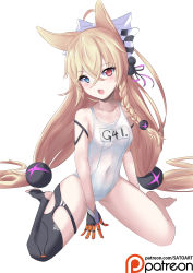Rule 34 | 1girl, absurdres, animal ears, arm strap, arm support, blonde hair, blue eyes, blush, braid, breasts, character name, checkered ribbon, covered navel, crossed bangs, fang, g41 (beach punk 2064) (girls&#039; frontline), g41 (girls&#039; frontline), girls&#039; frontline, gloves, hair between eyes, hair bobbles, hair ornament, hair ribbon, heterochromia, highres, long hair, looking at viewer, official alternate costume, one-piece swimsuit, open mouth, purple ribbon, red eyes, ribbon, sato art, school swimsuit, simple background, single thighhigh, sitting, small breasts, solo, swimsuit, thighhighs, thighs, twintails, very long hair, wariza, white background, white one-piece swimsuit, white ribbon