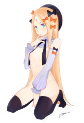 Rule 34 | 1girl, abigail williams (fate), absurdres, beret, black bow, black hat, black thighhighs, blonde hair, blue eyes, blush, bow, breasts, detached collar, detached sleeves, fate/grand order, fate (series), forehead, hair bow, hat, highres, keyhole, kneeling, long hair, long sleeves, looking at viewer, multiple bows, navel, nipples, orange bow, parted bangs, polka dot, polka dot bow, ribbed sleeves, small breasts, solo, thighhighs, y-ran
