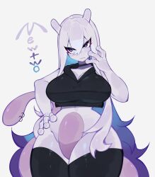 Rule 34 | blue hair, blush, breasts, choker, cleavage, colored skin, creatures (company), crop top, embarrassed, game freak, gen 1 pokemon, hand on own hip, hand on own face, heart, heart-shaped pupils, highres, hood, hoodie, horns, large breasts, legendary pokemon, long hair, mewtwo, midriff, multicolored hair, navel, nintendo, piercing, pokemon, pokemon (creature), purple eyes, purple hair, purple skin, symbol-shaped pupils, tail, thick thighs, thighhighs, thighs, togetoge, very long hair, wide hips