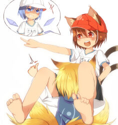 Rule 34 | 3girls, :d, alternate costume, animal ears, bare legs, barefoot, baseball cap, blonde hair, blue eyes, blue hair, blush, brown hair, cat ears, cat tail, chen, cirno, commentary request, feet, flat chest, fox tail, grin, hair between eyes, hat, ice, ice wings, lolimate, looking to the side, multiple girls, multiple tails, nekomata, no headwear, open mouth, petite, pointing, red eyes, shirt, short hair, short sleeves, shorts, simple background, smile, soles, spoken character, tail, teeth, toes, touhou, two tails, upper teeth only, v-shaped eyebrows, white background, white shirt, wings, yakumo ran
