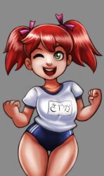 Rule 34 | 1girl, breasts, brown hair, buruma, clenched hands, curvy, green eyes, hair ribbon, large breasts, legs, looking at viewer, one eye closed, open mouth, ribbon, saru getchu, sayaka (saru getchu), shirt, smile, solo, sports uniform, sportswear, teeth, thighs, twintails, wide hips, wink