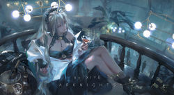 Rule 34 | 1girl, alcohol, arknights, breasts, cleavage, closed mouth, clothing request, copyright name, crowd, cup, drinking glass, english text, full body, hair between eyes, hair ornament, high heels, highres, ice, ice bucket, indoors, instrument, long hair, looking away, palm tree, piano, schwarz (arknights), sitting, solo focus, tagme, thigh strap, tree, white hair, wine, wine glass, xiye
