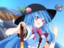 Rule 34 | 1girl, :d, black headwear, blue hair, blue sky, bow, bowtie, food, fruit, hinanawi tenshi, holding, holding sword, holding weapon, ichimura kanata, keystone, leaf, long hair, looking at viewer, open mouth, peach, red bow, red bowtie, red eyes, rope, shimenawa, short sleeves, sky, smile, solo, sword, sword of hisou, touhou, upper body, weapon