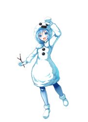 Rule 34 | 1girl, :d, arm up, blue hair, blue pantyhose, blush, boots, coat, dragon providence, full body, gloves, holding, holding stick, long sleeves, mittens, official art, open mouth, pantyhose, smile, snome (dragon providence), solo, standing, stick, third-party source, white footwear, white mittens