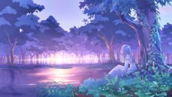 Rule 34 | 1girl, blue hair, detached sleeves, dress, flower, flower request, forest, foxglove, grass, lake, landscape, lens flare, long hair, long image, nature, original, outdoors, peso, peso (pesoka), purple theme, reflection, river, scenery, sitting, sky, solo, sun, tree, water, white dress, wide image