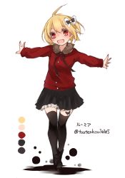 Rule 34 | 1girl, alternate costume, alternate headwear, black thighhighs, blonde hair, blush, boots, bow, bug, butterfly, color guide, contemporary, cross-laced footwear, fang, full body, hair bow, insect, lace-up boots, long sleeves, open mouth, outstretched arms, red eyes, rumia, shirt, short hair, simple background, skirt, smile, solo, tattoo, thighhighs, touhou, toutenkou, twitter username, white background, zettai ryouiki