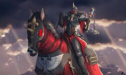 Rule 34 | 1girl, absurdres, adepta sororitas, armor, bird, cloud, cloudy sky, club, club (weapon), electricity, glowing, glowing eyes, helmet, highres, holding flail, horse, horseback riding, incense, kabewski, light rays, parchment, pauldrons, power armor, riding, shoulder armor, sky, smoke, spiked club, spiked helmet, warhammer 40k, weapon