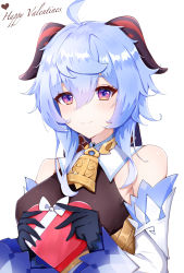 Rule 34 | 1girl, absurdres, ahoge, bare shoulders, bell, black gloves, blue hair, blush, box, breasts, candy, chocolate, chocolate heart, detached sleeves, food, ganyu (genshin impact), genshin impact, gloves, gold trim, heart, highres, holding, holding box, horns, long hair, looking at viewer, medium breasts, multicolored eyes, neck bell, pisuke (user kcmh2774), sidelocks, smile, solo, upper body, valentine, white background, white sleeves