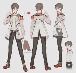 Rule 34 | 1boy, absurdres, atelier live, brown hair, character sheet, commentary, english commentary, europa yuu, from side, glasses, grey background, highres, jacket, looking at viewer, multiple views, round eyewear, softmode, standing, virtual youtuber