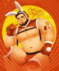 Rule 34 | 1boy, 2023, abs, adapted costume, animal ears, arm tattoo, bara, bare pectorals, belly, blush, brown hair, bulge, carrot, chest belt, chinese zodiac, daisukebear, fake animal ears, feet out of frame, fur-trimmed gloves, fur trim, gloves, happy new year, head tilt, highres, holding, holding carrot, jockstrap, large pectorals, looking at viewer, male focus, male underwear, mature male, muscular, muscular male, navel, new year, nipples, original, pectorals, rabbit ears, red male underwear, revealing clothes, santa costume, short hair, sitting, smile, solo, stomach, tattoo, thick eyebrows, thick thighs, thighs, underwear, year of the rabbit