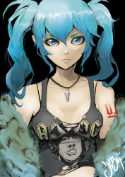 Rule 34 | 1girl, acdc, aqua eyes, aqua hair, band shirt, blue eyes, breasts, cleavage, clothes writing, collarbone, expressionless, eyeliner, eyeshadow, female focus, fur trim, hatsune miku, jewelry, jinbei, long hair, makeup, merchandise, necklace, pendant, shirt, signature, small breasts, solo, tank top, tattoo, torn clothes, torn shirt, twintails, vocaloid