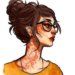 Rule 34 | 1girl, black-framed eyewear, brown eyes, closed mouth, commentary, english commentary, glasses, hair bun, jacquelin deleon, lips, nose, orange shirt, original, red lips, shirt, short hair, simple background, single hair bun, solo, tattoo, white background