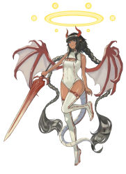 Rule 34 | 1girl, absurdly long hair, bars, black hair, blue eyes, blunt bangs, boots, breasts, cleavage, cleavage cutout, closed mouth, clothing cutout, collarbone, covered collarbone, covered navel, dark-skinned female, dark skin, dragon girl, dragon horns, dragon tail, dragon wings, halo, highres, holding, holding sword, holding weapon, horns, knee boots, leotard, long hair, looking at viewer, original, pointy ears, red horns, red wings, simple background, slit pupils, smile, solo, suru (seiya), sword, tail, turtleneck, twintails, very long hair, weapon, white background, white footwear, white leotard, wings