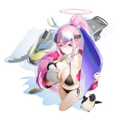 Rule 34 | 1girl, absurdres, baby penguin, bikini, bird, black bikini, blue archive, breast press, breasts, eimi (blue archive), goggles, goggles on head, halo, high ponytail, highres, large breasts, long hair, looking at viewer, najiu jiao xiaolan ba, open mouth, penguin, pink eyes, pink hair, snowboard, solo, stomach, swimsuit, very long hair