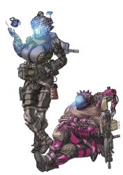 Rule 34 | animification, assault visor, bodysuit, breasts, brown bodysuit, cloak pilot (titanfall 2), energy gun, explosive, extra arms, full body, fur scarf, gloves, glowing, green scarf, grenade, grey gloves, gun, hand on own hip, hand on own knee, holding, holding gun, holding weapon, holo pilot (titanfall 2), knee pads, kotone a, large breasts, lg-97 thunderbolt, light machine gun, magazine (weapon), mechanical arms, open hand, pilot (titanfall 2), pouch, scarf, science fiction, simple background, single mechanical arm, sitting, spitfire mk2, titanfall (series), titanfall 2, weapon, weapon on back, white background