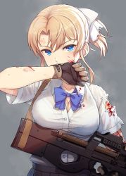 Rule 34 | 1girl, blonde girl (itou), blonde hair, blood, blood on clothes, blood on face, blue eyes, bow, bowtie, bra, bra visible through clothes, breasts, bullpup, cleavage, collared shirt, commentary request, covered mouth, cuts, gloves, grey background, gun, hair ribbon, horizontal magazine, injury, itou (onsoku tassha), large breasts, looking at viewer, original, p90, personal defense weapon, ribbon, see-through, shirt, short sleeves, simple background, skirt, solo, submachine gun, torn clothes, torn shirt, translucent, underwear, upper body, weapon, white ribbon, white shirt, wiping face