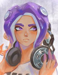 Rule 34 | 1boy, closed mouth, commentary, ear piercing, english commentary, gradient hair, headphones, highres, holding, holding headphones, male focus, medium hair, multicolored hair, nintendo, octoling, octoling boy, octoling player character, piercing, print shirt, purple background, purple eyes, purple hair, seatha, shirt, simple background, solo, splatoon (series), tentacle hair, thick eyebrows, two-tone hair, upper body, white shirt