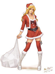 Rule 34 | 1girl, bag, belt, blonde hair, boots, bow, cropped jacket, cross-laced footwear, dated, dress, drill hair, hat, heart, highres, holding, knee boots, lace-up boots, long hair, pen-tropic, pen tropic (pixiv), purple eyes, realistic, santa costume, santa hat, shijou hinako, signature, simple background, snk, solo, the king of fighters, thighhighs, twin drills, twintails, white background