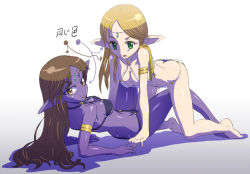 Rule 34 | 2girls, :p, all fours, arm support, armlet, bikini, black hair, blonde hair, blue skin, breasts, butt crack, cleavage, colored skin, elf, gradient background, green eyes, japanese text, long hair, long pointy ears, looking at viewer, looking back, lying, medium breasts, meme, meme attire, multiple girls, original, parody, pointy ears, purple skin, shadow, simple background, strap gap, swimsuit, the dress (meme), tongue, tongue out, translated, yabe makoto, yellow eyes, yuri
