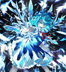 Rule 34 | 1girl, blue bow, blue dress, blue eyes, blue hair, blue nails, bow, chamaruk, cirno, collared shirt, cryokinesis, dress, fairy, feet out of frame, fingernails, hair bow, highres, ice, ice wings, nail polish, open mouth, pinafore dress, shirt, short hair, short sleeves, sleeveless, sleeveless dress, solo, touhou, white shirt, wings