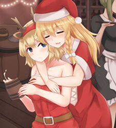 Rule 34 | 3girls, alcohol, alice margatroid, apron, bare shoulders, beer, blonde hair, blue eyes, christmas, cup, dress, fake horns, frilled apron, frills, green hair, hairband, hat, holding, holding cup, horns, indoors, kirisame marisa, looking at another, mani padme, multiple girls, red hairband, santa costume, santa dress, santa hat, touhou, white apron, yuri