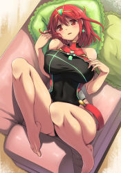 Rule 34 | 1girl, barefoot, blush, breasts, competition swimsuit, earrings, eyelashes, feet, from above, jewelry, large breasts, light blush, looking at viewer, lying, nintendo, on back, one-piece swimsuit, open mouth, pillow, pyra (pro swimmer) (xenoblade), pyra (xenoblade), red eyes, red hair, short hair, sleeveless, solo, swimsuit, tiara, xenoblade chronicles (series), xenoblade chronicles 2, yuu (kfc)