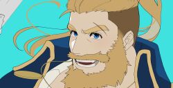 Rule 34 | 1boy, :d, absurdres, bara, beard, bergamond (crave saga), coat, crave saga, eyebrow cut, facial hair, high collar, highres, long hair, looking ahead, male focus, mature male, mustache, open mouth, ponytail, portrait, smile, solo, thick eyebrows, thick mustache, undercut, unfinished, usuki (usukine1go)