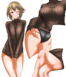 Rule 34 | 1girl, alternate costume, ass, ass focus, black panties, blush, breasts, brown hair, brown sweater, closed mouth, green eyes, hair between eyes, highres, kantai collection, large breasts, looking at viewer, multiple views, mutsu (kancolle), no pants, one eye closed, panties, short hair, simple background, smile, sweater, tama (tamago), underwear, white background