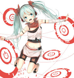 Rule 34 | 1girl, aqua eyes, aqua hair, bare shoulders, bike shorts, cola miku, hair ribbon, hatsune miku, headphones, highres, jewelry, jumping, la-na, long hair, navel, open mouth, outstretched arms, ribbon, smile, solo, spread arms, twintails, vocaloid