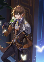 Rule 34 | 1boy, absurdres, black pants, brown hair, door, feet out of frame, flower, formal, from above, genshin impact, glowing, gradient hair, hair between eyes, highres, holding, holding flower, leaning back, long hair, male focus, multicolored hair, necktie, pants, plant, ponytail, recycled, solo, white flower, white necktie, yellow eyes, zhongli (genshin impact)