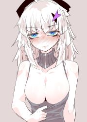 Rule 34 | 1girl, aa-12 (girls&#039; frontline), blue eyes, blush, breasts, cleavage, clothes pull, collarbone, girls&#039; frontline, grey background, hair ornament, highres, hourai kochou, long hair, looking at viewer, self exposure, shirt pull, solo, sweat, upper body, wavy mouth, white hair