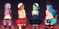 Rule 34 | 4girls, absurdres, animal ears, ass, atelier (series), atelier ryza, atelier ryza 2, bare back, bare shoulders, belt, belt pouch, beret, black legwear, black shorts, blue dress, breasts, brown eyes, brown hair, dress, earrings, erune, feet out of frame, ferry (granblue fantasy), flask, from behind, genshin impact, glasses, granblue fantasy, green hair, hat, highres, jewelry, kaleina (ricegnat), kneeling, large breasts, long hair, looking at viewer, looking back, low ponytail, multiple girls, open mouth, orange eyes, original, pointy ears, pouch, red shorts, reisalin stout, ricegnat, short hair, short shorts, shorts, shorts under dress, sideboob, single thighhigh, smile, sucrose (genshin impact), symbol-only commentary, take your pick, thigh pouch, thighhighs, torn clothes, torn shorts, trait connection