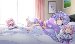 Rule 34 | 1girl, absurdres, alexstardust31, alternate costume, ass, bare shoulders, blush, braid, braided ponytail, character doll, commission, floral print, frilled kimono, frills, full body, highres, indoors, japanese clothes, kami jigen game neptune v, kimono, knee up, legs, long hair, long sleeves, looking at viewer, lying, neptune (neptunia), neptune (series), on bed, on side, parted lips, pink eyes, purple hair, purple kimono, pururut, ribbon-trimmed legwear, ribbon trim, sash, solo, star (symbol), star print, staring, thighhighs, thighs, very long hair, waking up, white thighhighs, wide sleeves