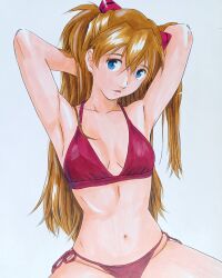 Rule 34 | 1girl, armpits, arms behind head, arms up, artist request, bare shoulders, bikini, blue eyes, breasts, brown hair, curvy, hand in own hair, highres, legs apart, long hair, looking at viewer, medium breasts, micro bikini, navel, neon genesis evangelion, open mouth, red bikini, side-tie bikini bottom, simple background, smile, solo, souryuu asuka langley, stomach, swimsuit, thighs, thong, thong bikini, traditional media, two side up, very long hair, white background, wide hips