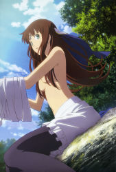 Rule 34 | 10s, 1girl, absurdres, breasts, brown hair, censored, circlet, cloud, convenient censoring, female focus, fractale, green eyes, highres, incredibly absurdres, jewelry, long hair, looking at viewer, nature, navel, nyantype, official art, outdoors, pantyhose, parted lips, phryne (fractale), sitting, sky, solo, topfreedom, topless, tree, very long hair