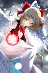 Rule 34 | 1girl, absurdres, angel wings, blonde hair, bow, danmaku, dress, feathers, gengetsu (touhou), hair bow, highres, kanzaki uto, solo, touhou, touhou (pc-98), vest, white feathers, wings, yellow eyes