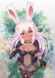 Rule 34 | 1girl, animal ear fluff, animal ears, warrior of light (ff14), blush, breasts, breasts apart, center opening, cleavage cutout, clothing cutout, cocoasabure, dark-skinned female, dark skin, final fantasy, final fantasy xiv, from above, hand on own chest, highres, looking at viewer, medium breasts, navel, pink hair, rabbit ears, red eyes, see-through, smile, solo, standing, thighhighs, viera