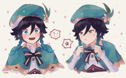 Rule 34 | !?, 1boy, anger vein, angry, black hair, blue hair, blush, bow, braid, cape, fenori, flower, gem, genshin impact, gradient hair, green eyes, green hat, hat, holding, holding own hair, leaf, long sleeves, looking at viewer, male focus, multicolored hair, open mouth, pout, pulling, ribbon, simple background, smile, solo, sparkle, sweat, trembling, twin braids, venti (genshin impact), white background, white flower