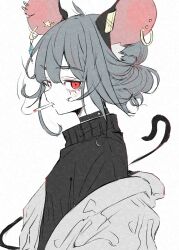 Rule 34 | 1girl, alternate costume, animal ears, black shirt, blush, deal360acv, earrings, from side, grey hair, highres, jewelry, mouse ears, mouse tail, nazrin, red eyes, shirt, short hair, simple background, solo, tail, touhou, upper body, white background