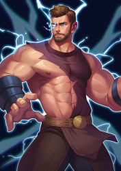 Rule 34 | 1boy, abs, animification, bara, bare shoulders, blue eyes, brown hair, cowboy shot, facial hair, highres, jiajiuli, large pectorals, lightning bolt symbol, male focus, manly, marvel, muscular, nipples, pectorals, pelvic curtain, short hair, sleeveless, solo, thick thighs, thighs, thor (marvel), torn clothes, upper body