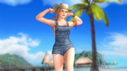 Rule 34 | 1girl, 3d, beach, blonde hair, blue eyes, dead or alive, dead or alive 5, female focus, hat, nature, ocean, official art, outdoors, overalls, plant, sky, solo, straw hat, tina armstrong