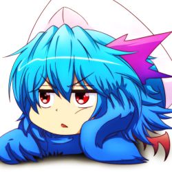 Rule 34 | &gt;:o, 1girl, :o, ayano (ayn398), bad id, bad twitter id, bat wings, blue hair, derivative work, disembodied head, hair ornament, hat, jitome, looking away, mob cap, red eyes, remilia scarlet, solo, touhou, triangle mouth, v-shaped eyebrows, wings, yukkuri shiteitte ne