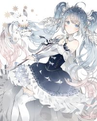Rule 34 | 1girl, ahoge, animal, bad id, beamed eighth notes, blue dress, blue eyes, blue hair, blush, closed mouth, commentary request, crown, detached sleeves, dress, eighth note, hatsune miku, highres, holding, holding wand, juliet sleeves, long hair, long sleeves, mini crown, musical note, puffy sleeves, rabbit, siho (ricchil), simple background, smile, snowflakes, strapless, strapless dress, striped sleeves, thighhighs, tiara, twintails, very long hair, vocaloid, wand, white background, white thighhighs, yukine (vocaloid)