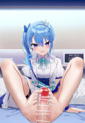 Rule 34 | 1girl, barefoot, blue eyes, blue hair, blush, feet, footjob, highres, hololive, hoshimachi suisei, kou futoshi, long hair, looking at viewer, open mouth, side ponytail, soles, toes, virtual youtuber