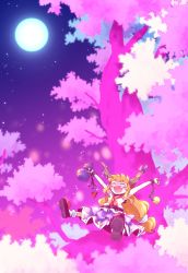 Rule 34 | 1girl, arms up, black footwear, blush, blush stickers, chain, cuffs, closed eyes, fang, flat chest, footwear ribbon, full moon, gourd, hair between eyes, highres, horns, ibuki suika, in tree, joyfull (terrace), long hair, low-tied long hair, moon, night, night sky, ofuda, oni horns, open mouth, orange hair, orb, purple skirt, red neckwear, red ribbon, ribbon, ribbon-trimmed skirt, ribbon trim, shirt, sitting, sitting in tree, skirt, sky, sleeveless, sleeveless shirt, solo, star (sky), starry sky, torn clothes, torn sleeves, touhou, tree, triangle, v-shaped eyebrows